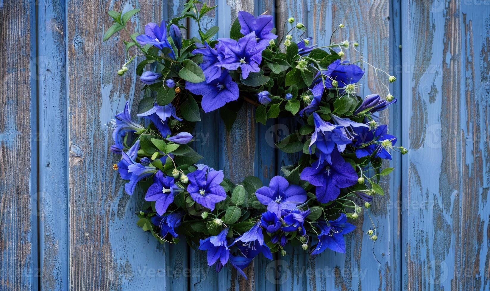 Bellflower wreath on a wooden door photo