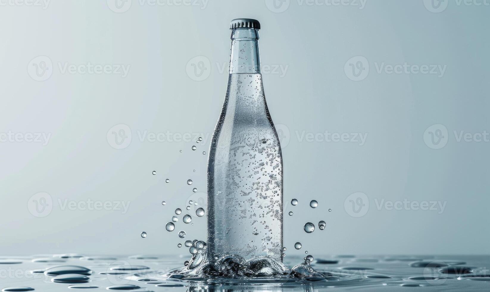 Studio shot of a transparent glass bottle mockup filled with premium quality sparkling water photo