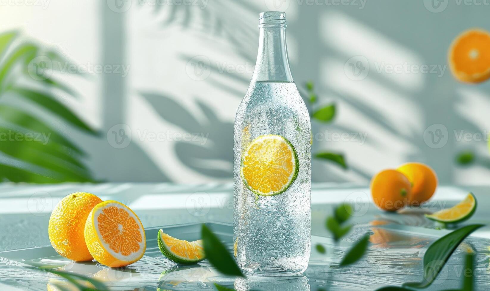 Clear glass bottle mockup filled with refreshing citrus-flavored sparkling water photo