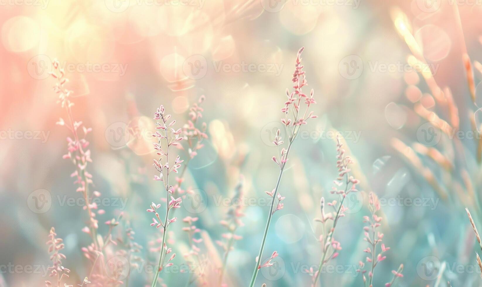 Soft pastel bokeh lights blending together in a tranquil scene, wild flowers photo