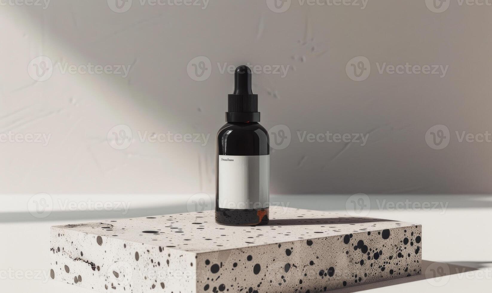 Studio shot of a matte black glass bottle mockup showcasing a product, minimalist branding photo