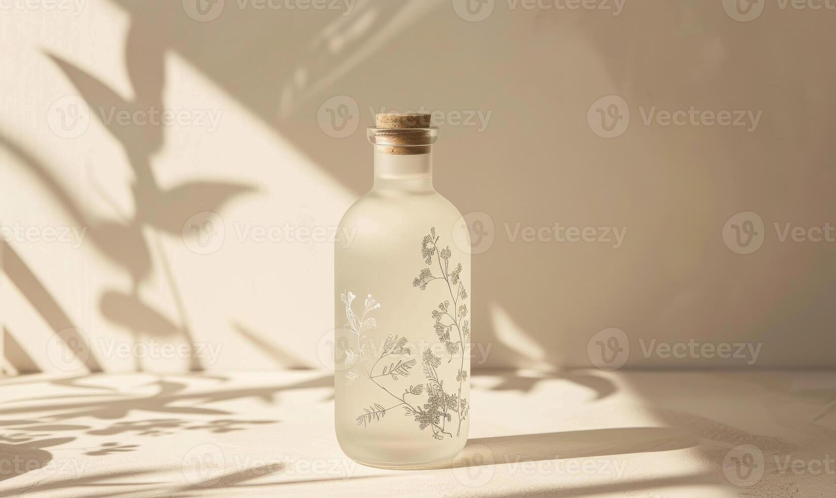 Studio shot of a crystal clear glass bottle mockup showcasing a premium quality mineral water, with droplets condensing on the surface photo
