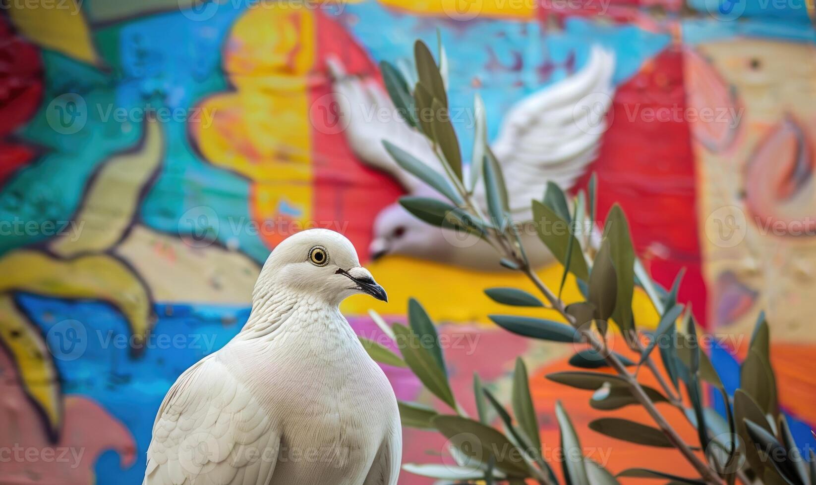 Close-up of a white pigeon with its wings folded in front of a colorful mural depicting a dove carrying an olive branch as a symbol of peace photo