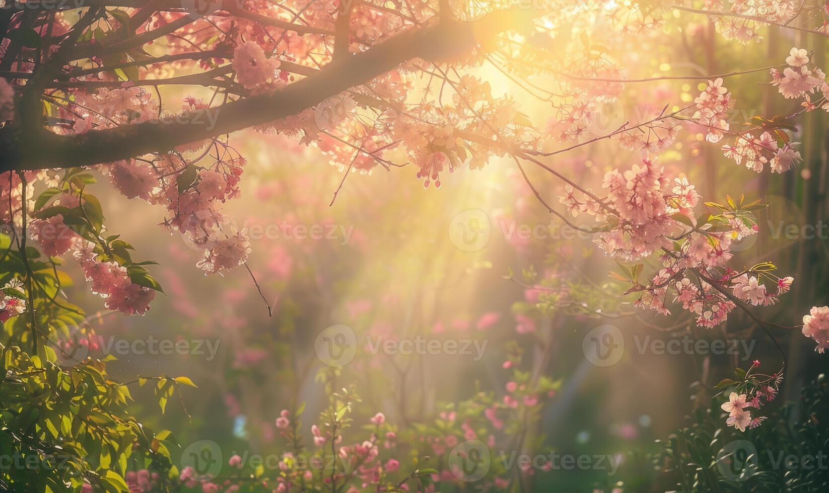 Sunlight filtering through a canopy of blossoming cherry trees in a peaceful garden photo