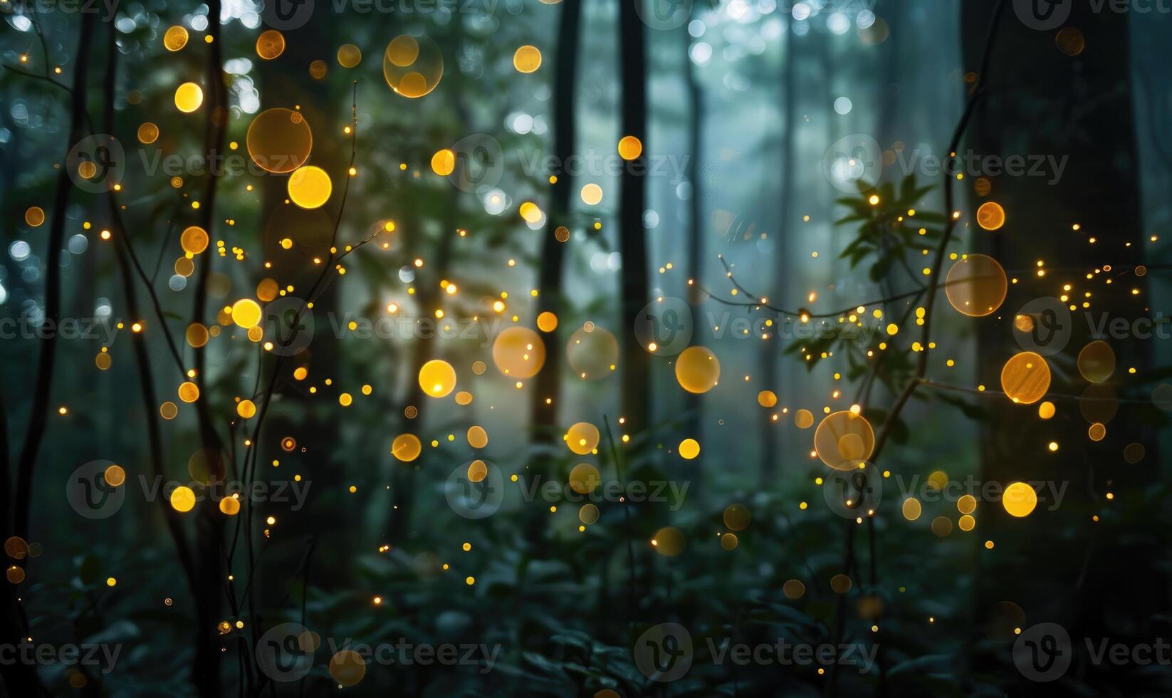 Subtle bokeh lights creating an enchanting atmosphere in a mystical forest photo