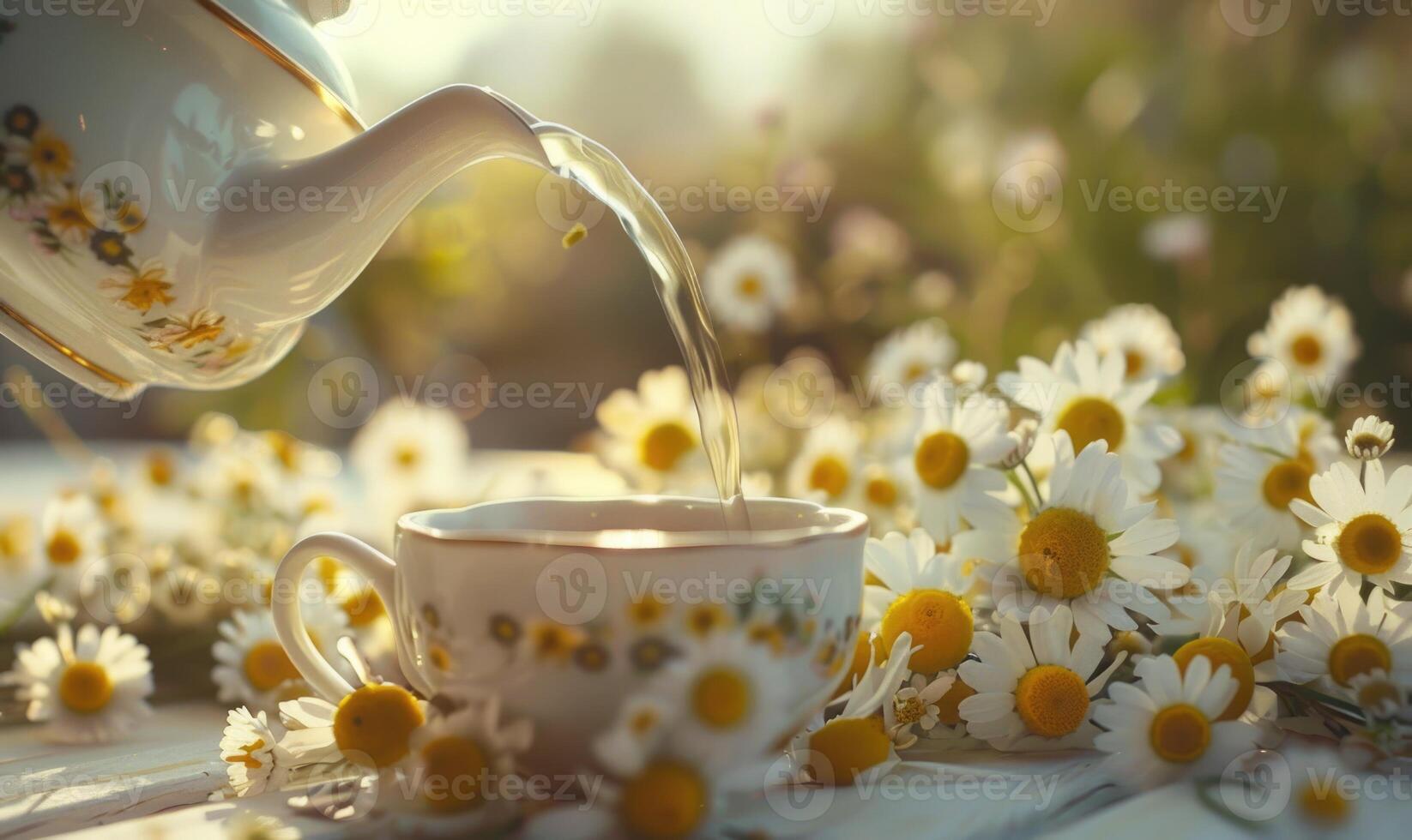 Teapot pouring chamomile tea into a cup, close up photo