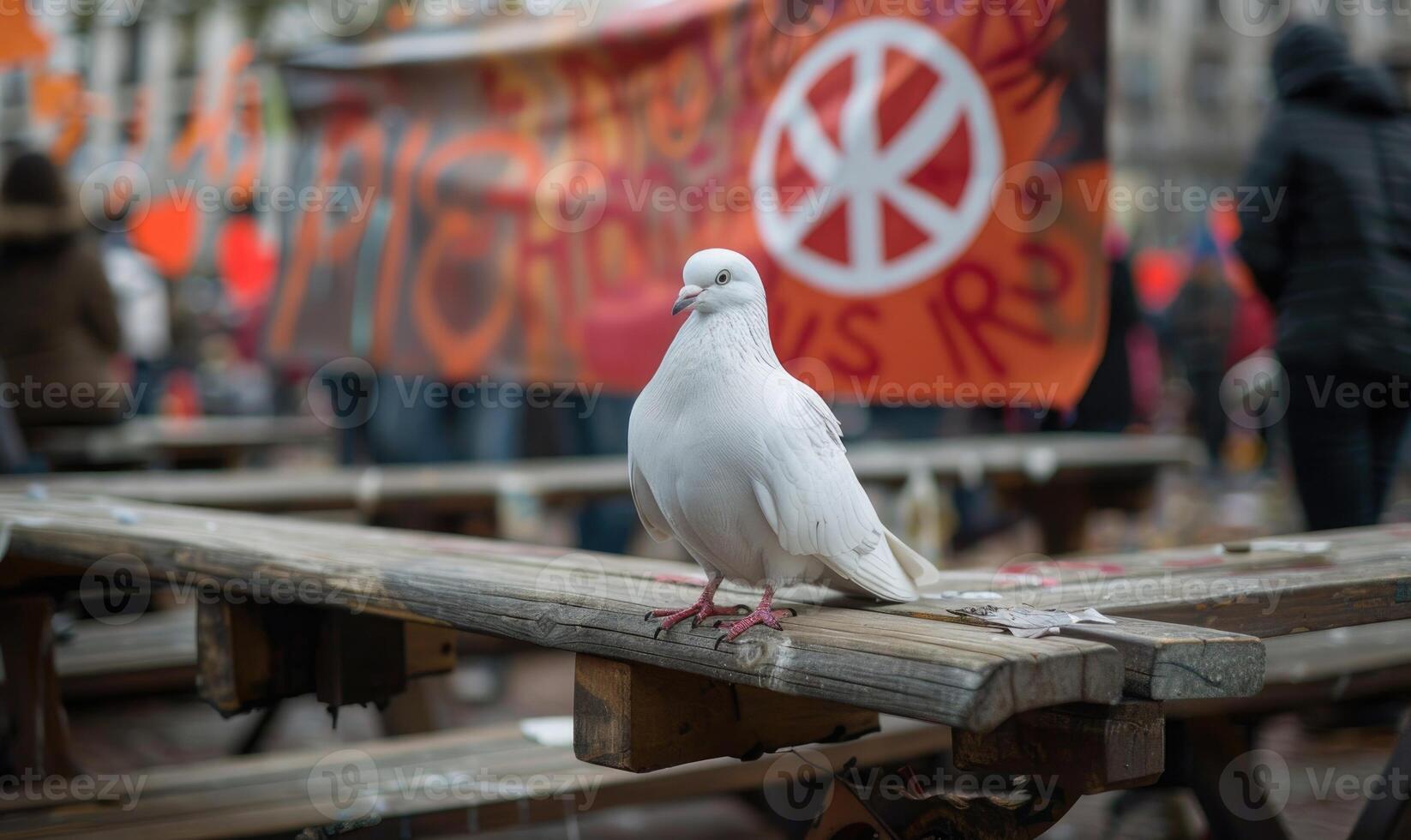 White pigeon perched on a wooden bench with a peace banner hanging in the background at a peaceful protest rally photo