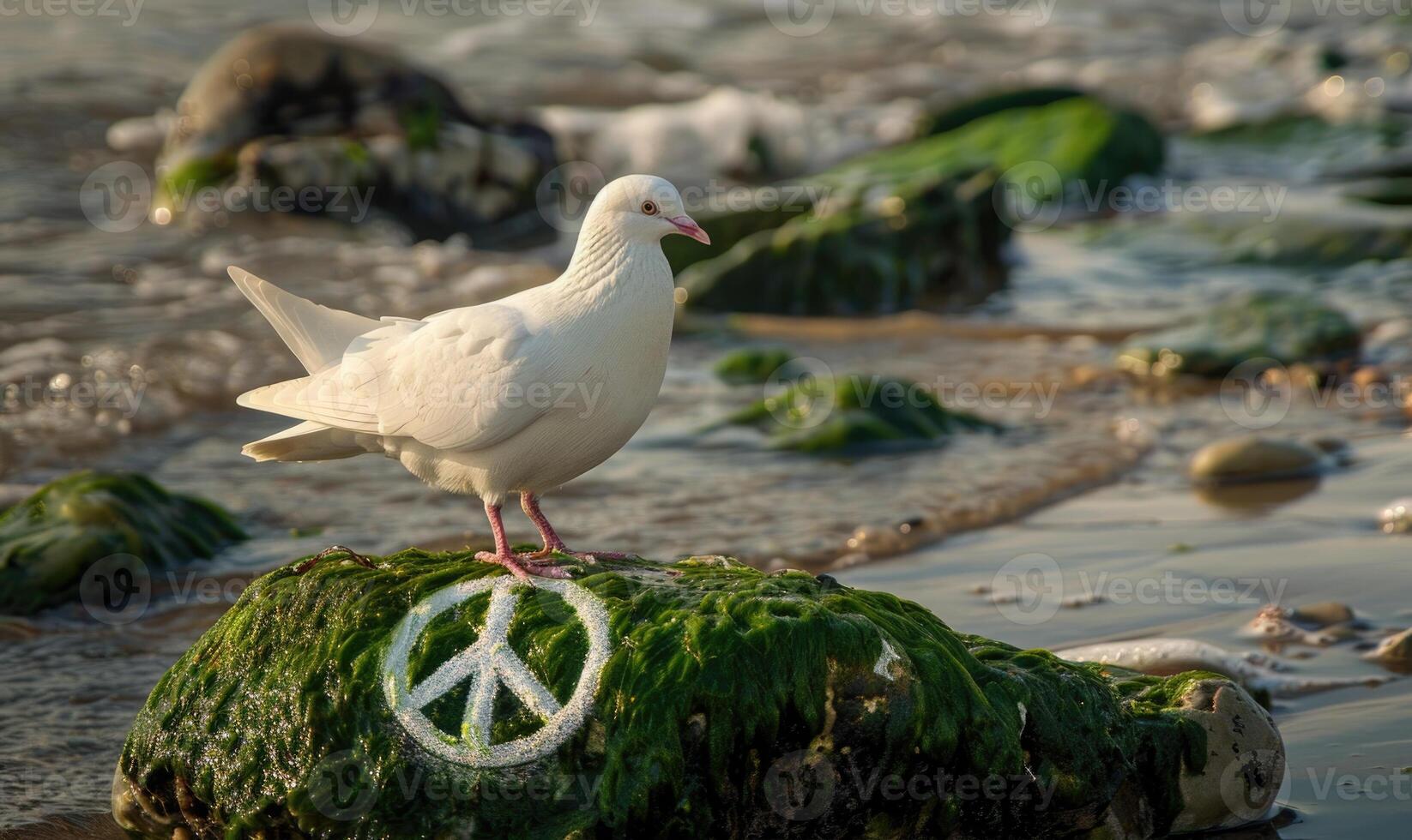 White pigeon standing on a moss-covered rock with a peace symbol drawn in the sand photo