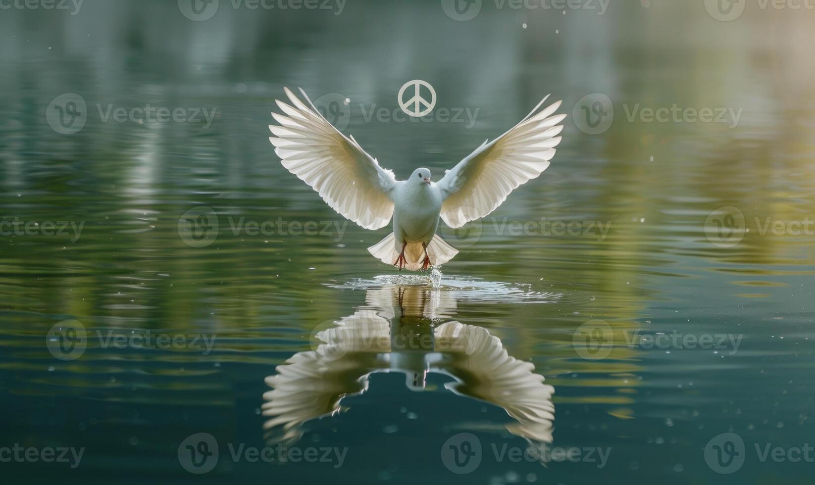 Close-up of a white pigeon with outstretched wings flying over a tranquil lake with a peace symbol reflected in the water photo