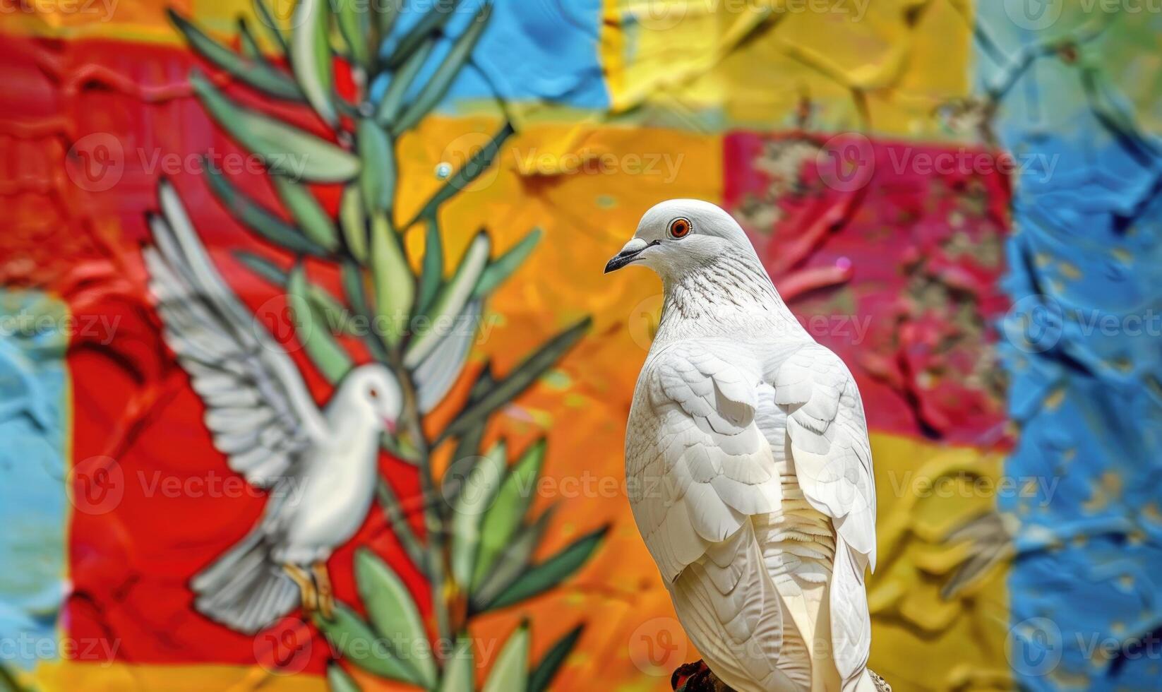 Close-up of a white pigeon with its wings folded in front of a colorful mural depicting a dove carrying an olive branch as a symbol of peace photo