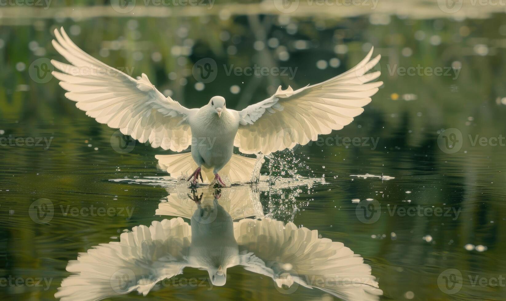 de cerca de un blanco Paloma con extendido alas volador terminado un tranquilo lago foto