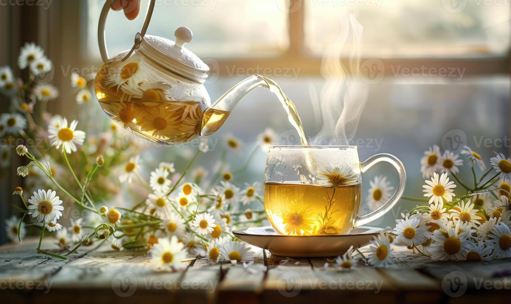 Teapot pouring chamomile tea into a cup, close up photo