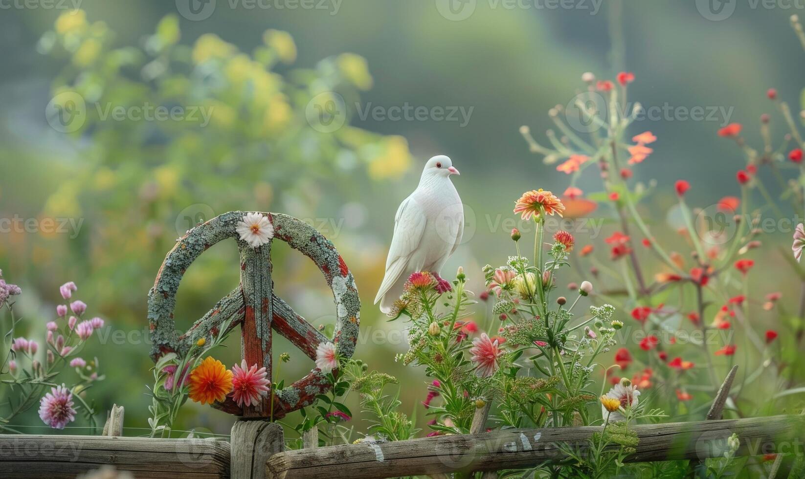 White pigeon perched on a rustic wooden fence with a peace sign made of flowers in the background of a lush green meadow photo