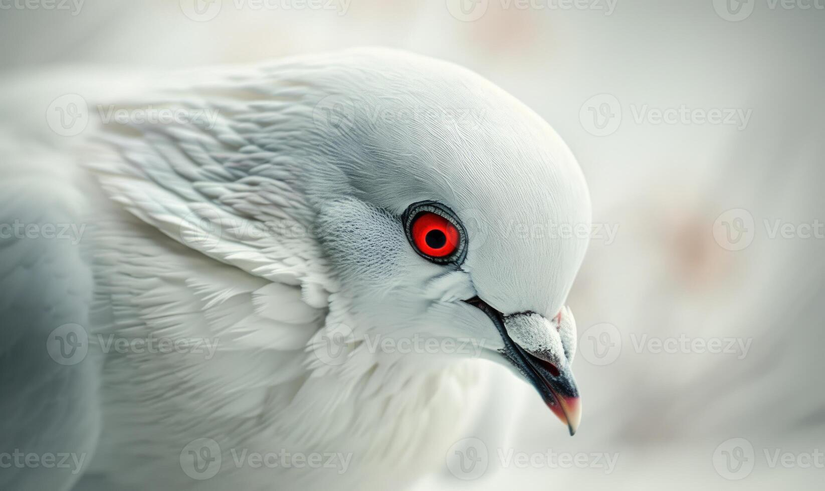 White pigeon with bright red eyes captured in a striking close-up photo