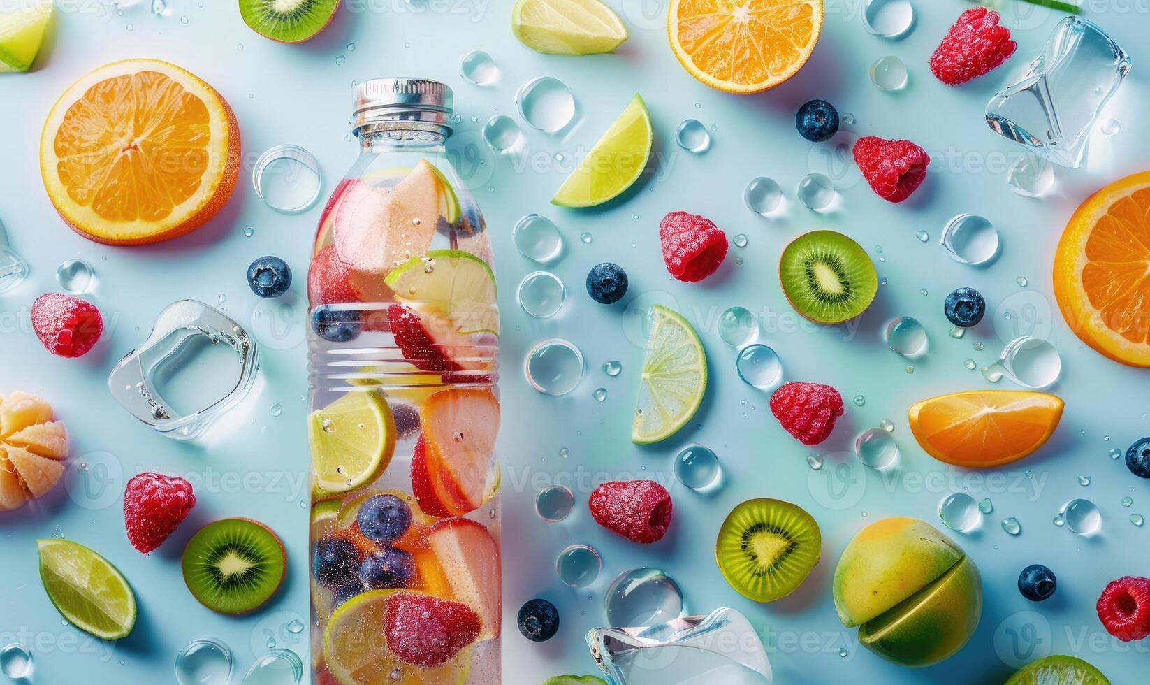 Studio shot of a vibrant glass bottle mockup showcasing a refreshing fruit-infused water photo