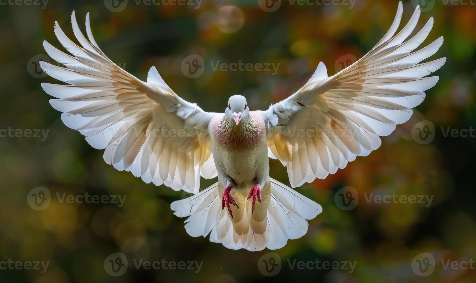 White pigeon with outstretched wings captured in mid-flight photo