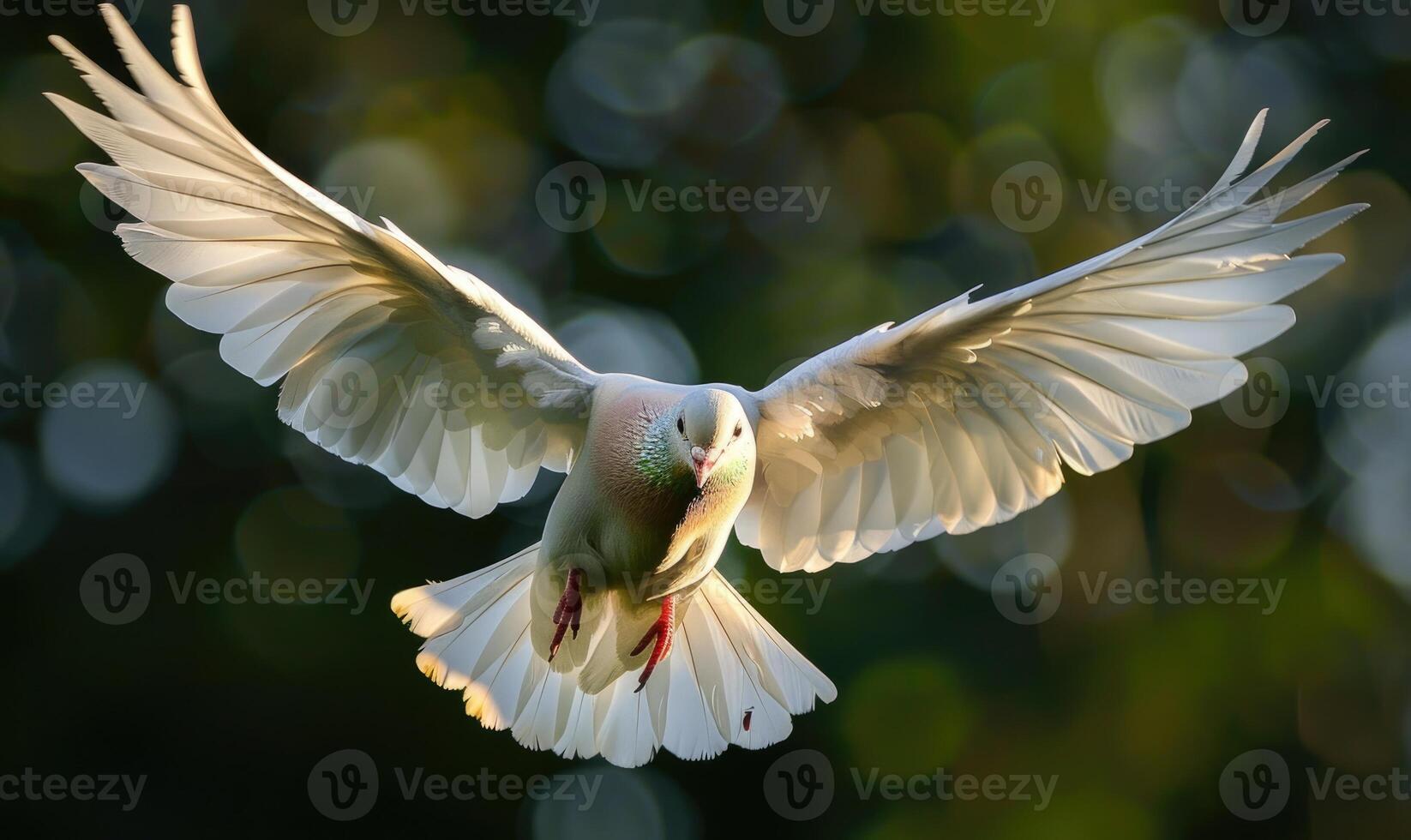 White pigeon with outstretched wings captured in mid-flight photo