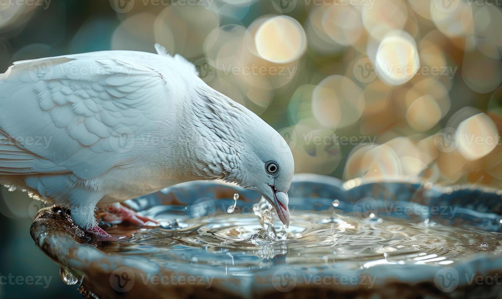 White pigeon drinking water from a shallow bowl in a close-up view photo