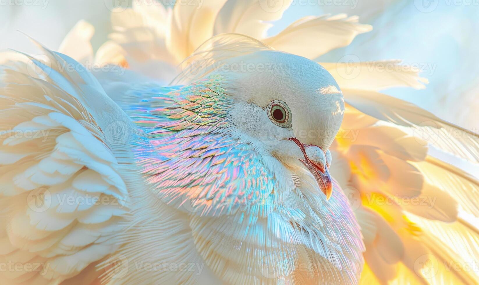 blanco Paloma con iridiscente plumas capturado en un de cerca ver debajo el luz de sol foto