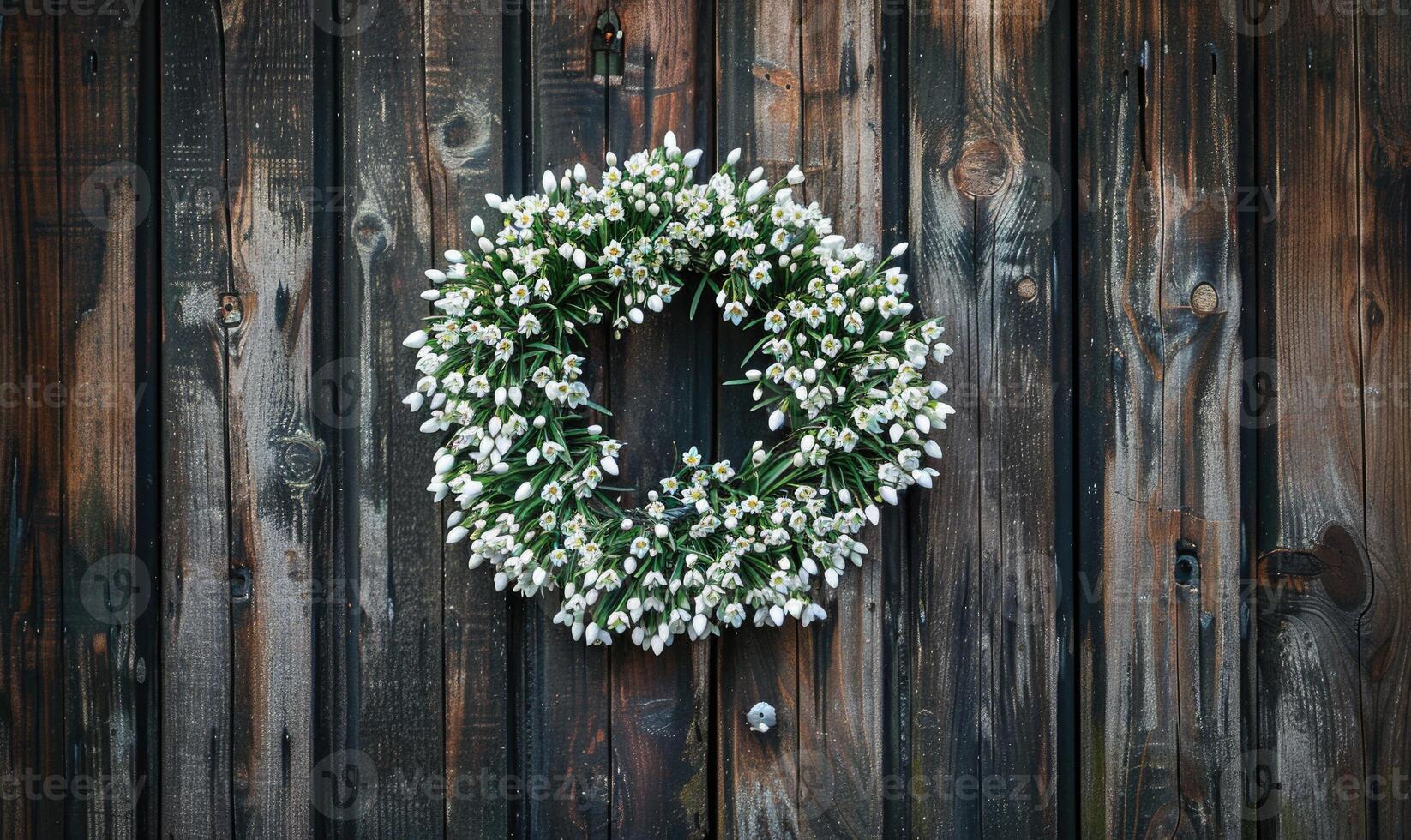 Snowdrops wreath on a wooden door photo