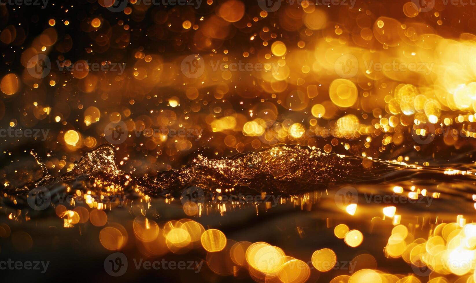 Close-up of golden bokeh lights shimmering in the evening photo