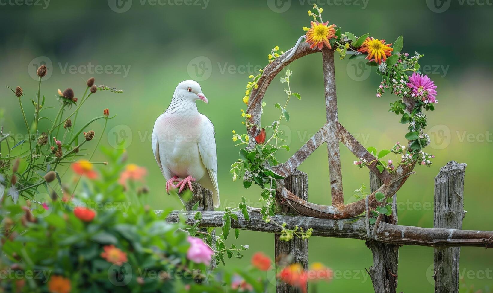 White pigeon perched on a rustic wooden fence with a peace sign made of flowers in the background of a lush green meadow photo