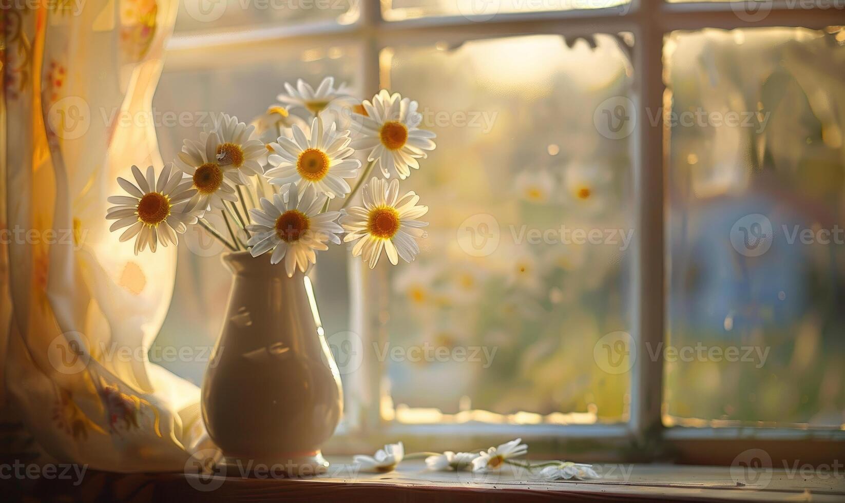 Daisies in a vintage vase on a windowsill photo