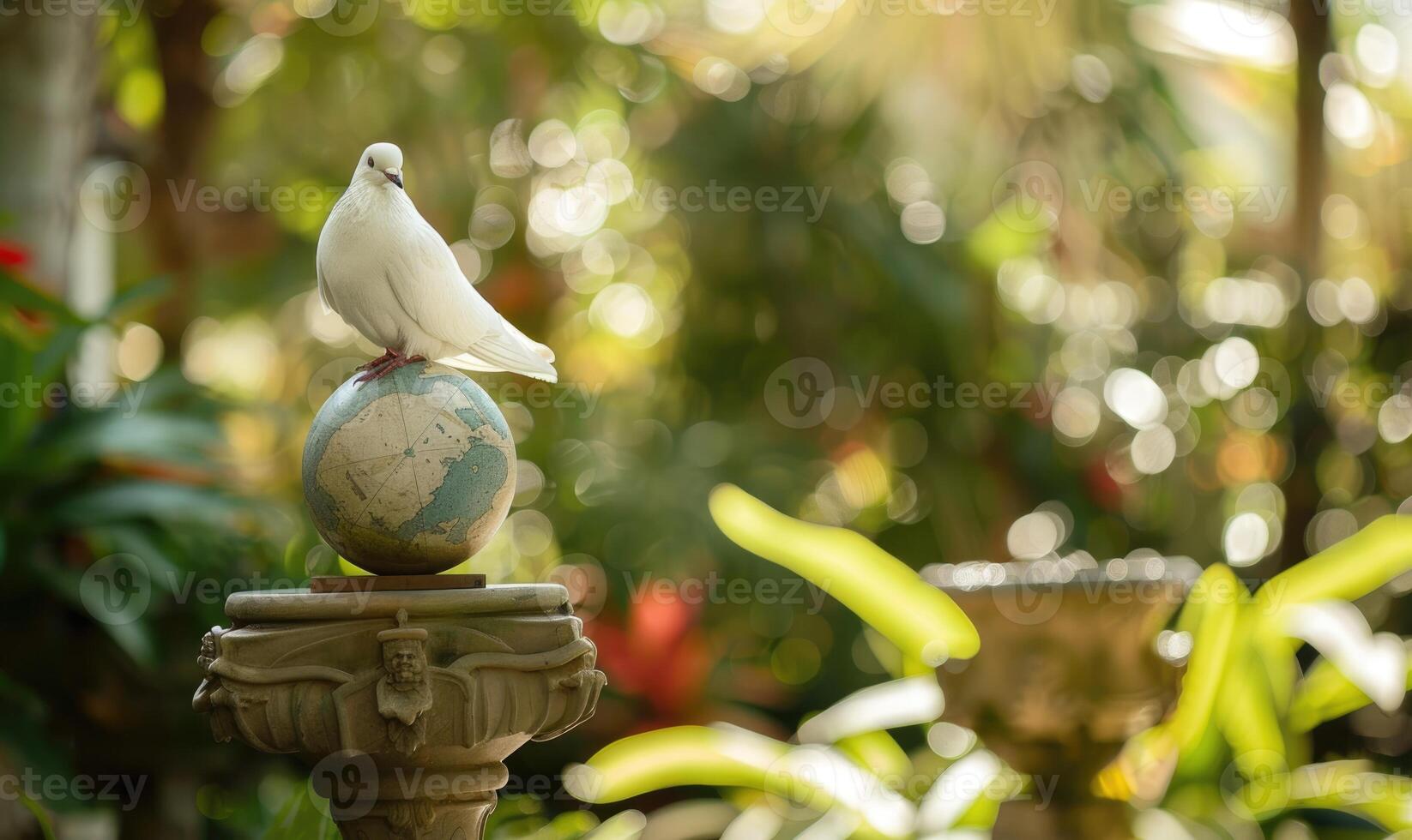 White pigeon perched on a marble statue with a peace globe in the background in a serene garden setting photo