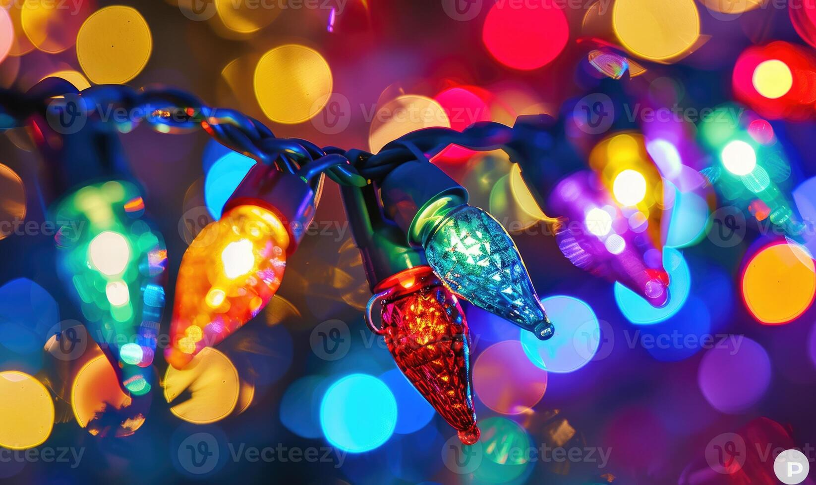 Close-up of colorful bokeh lights illuminating, festive night abstract background photo