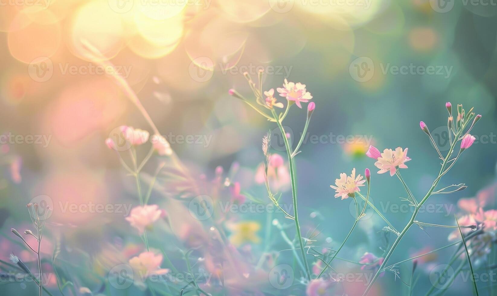 Soft pastel bokeh lights blending together in a tranquil scene, wild flowers photo