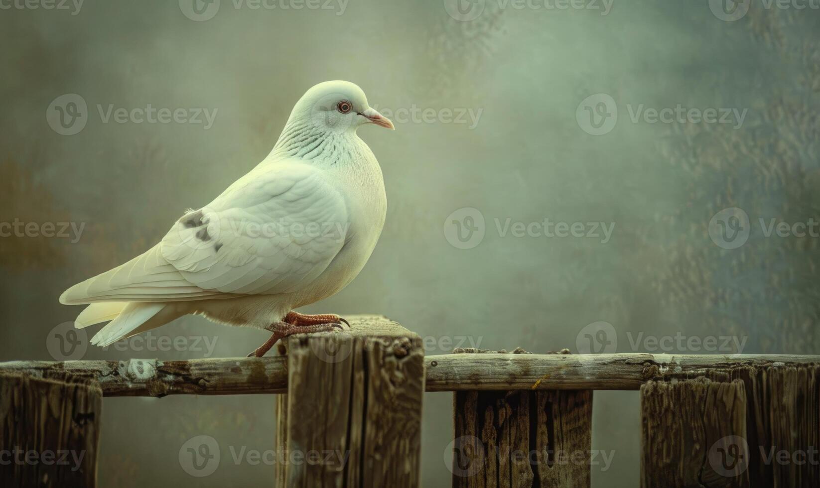 Close-up view of a white pigeon's delicate feet resting on a wooden fence photo