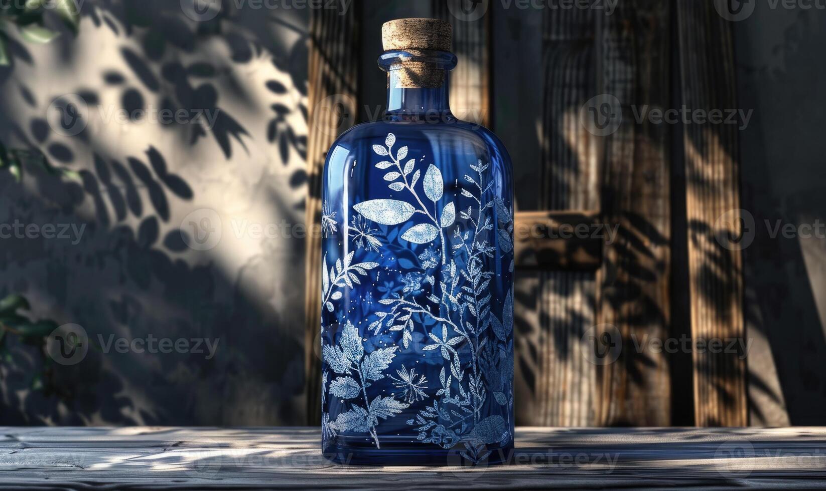 Cobalt blue glass bottle with botanical illustrations on background with textured shadow photo