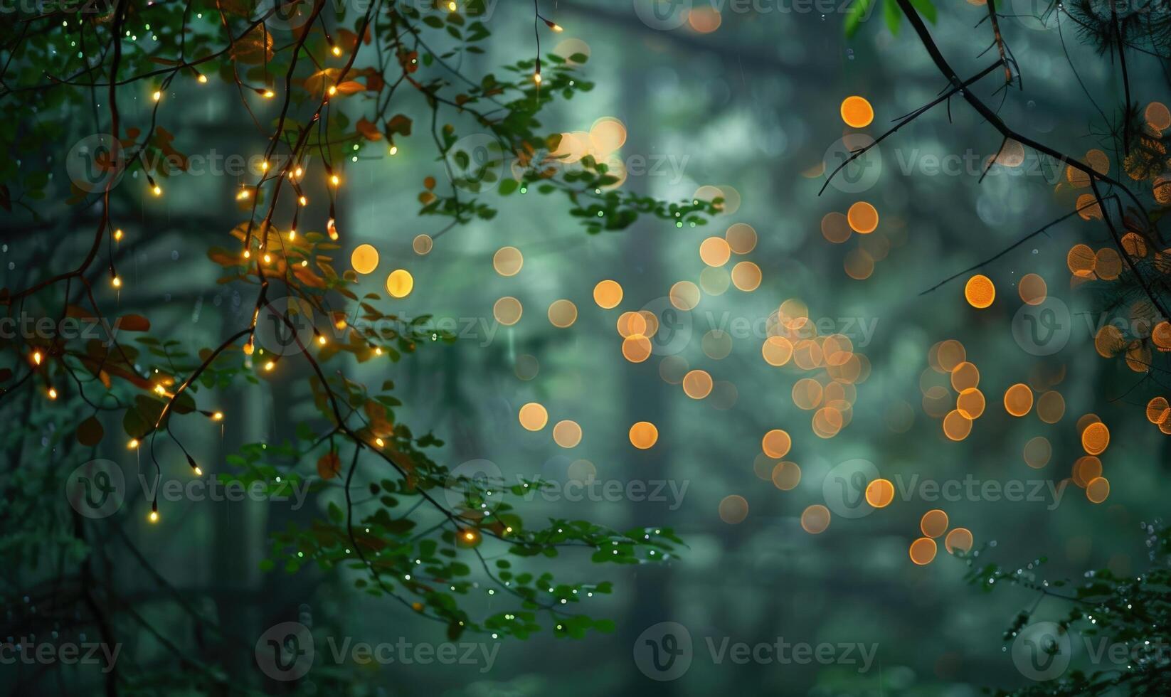 Ethereal bokeh lights diffusing through mist in a mystical woodland, nature background photo