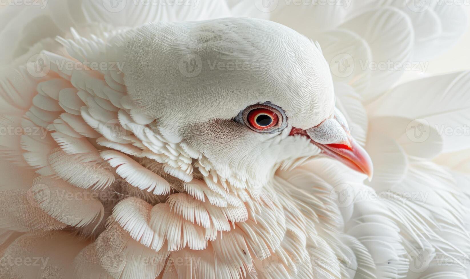 Close-up portrait of a white pigeon showcasing intricate feather details photo
