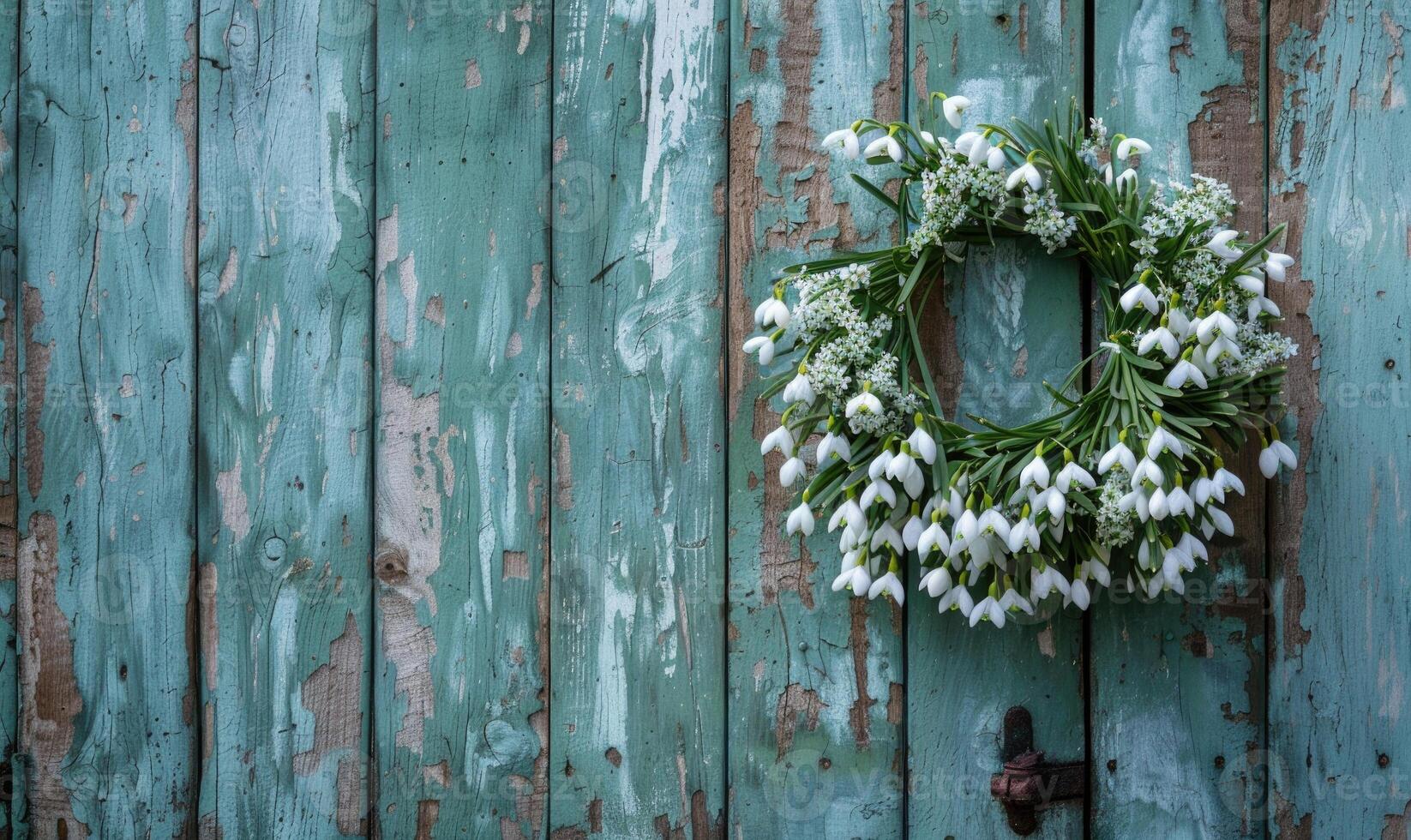 Snowdrops wreath on a wooden door photo