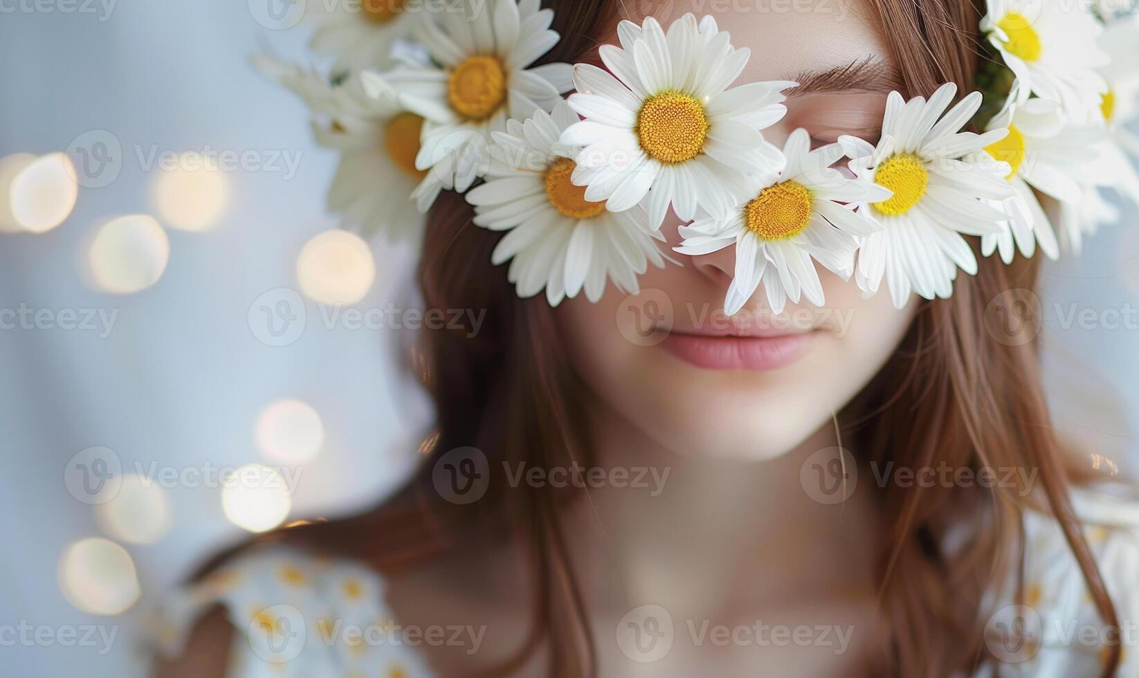 margaritas arreglado en un floral corona, joven mujer en floral corona, naturaleza belleza foto