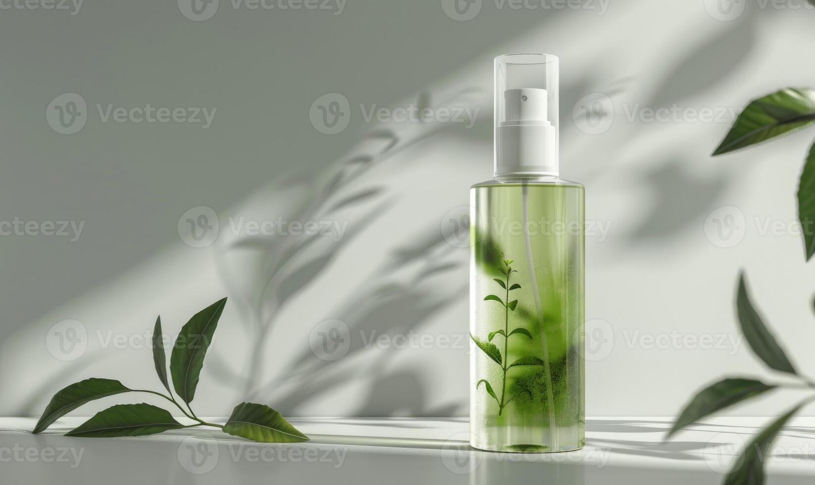 Transparent glass bottle mockup containing a rejuvenating green tea facial mist with a refreshing herbal scent photo