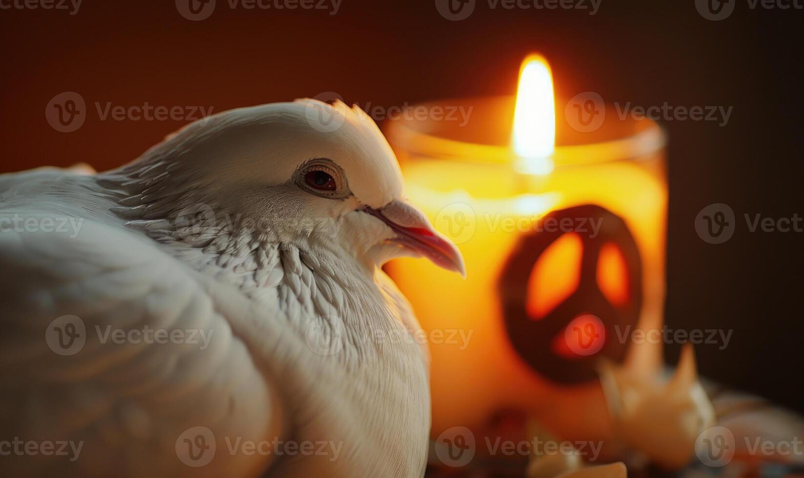 Close-up of a white pigeon with and a glowing candle with a peace symbol carved photo