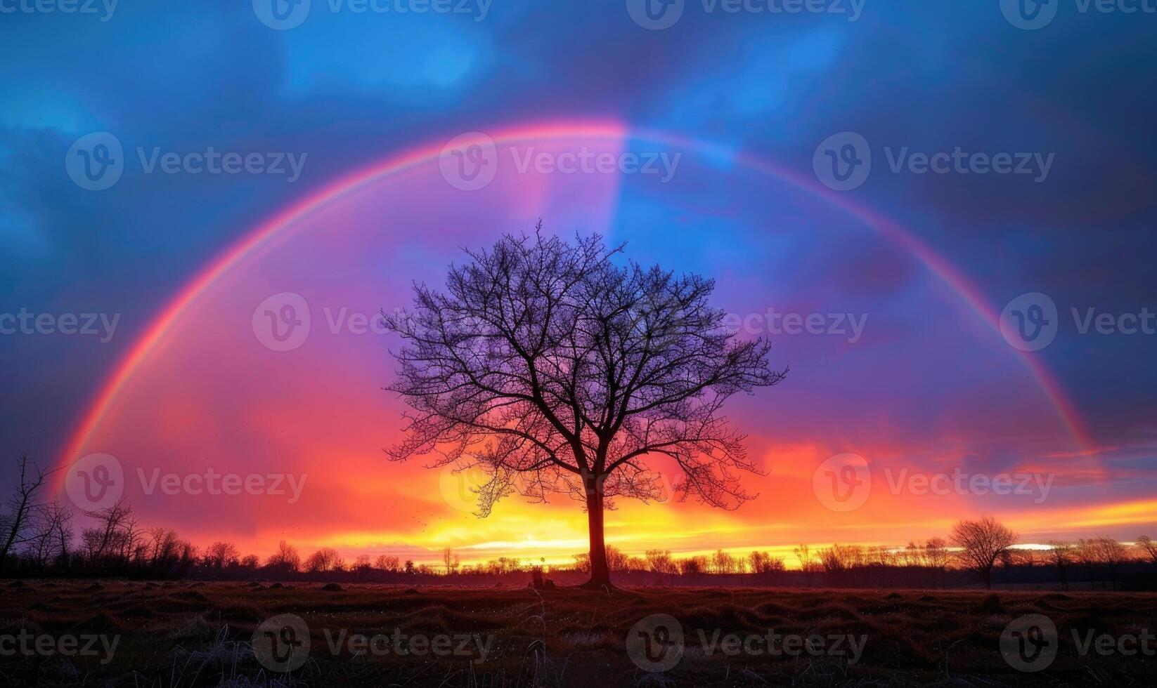 Colorful rainbow after spring rain, rainbow on dark cloudy sky photo