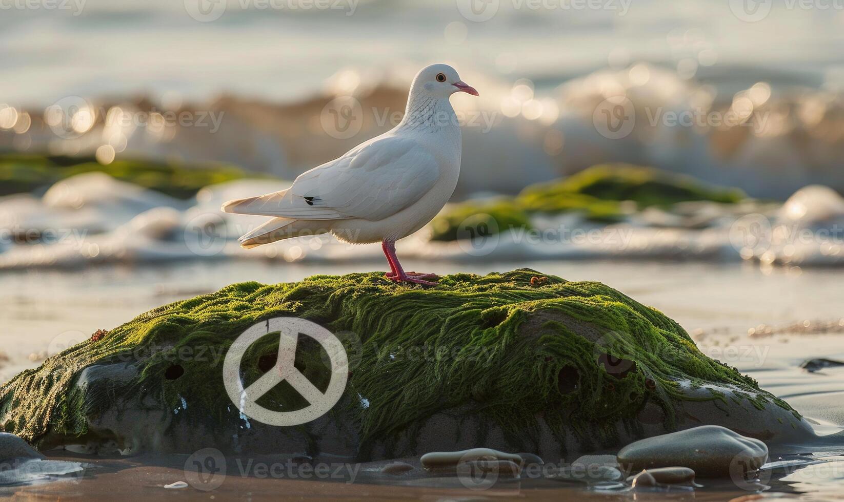 White pigeon standing on a moss-covered rock with a peace symbol drawn in the sand photo