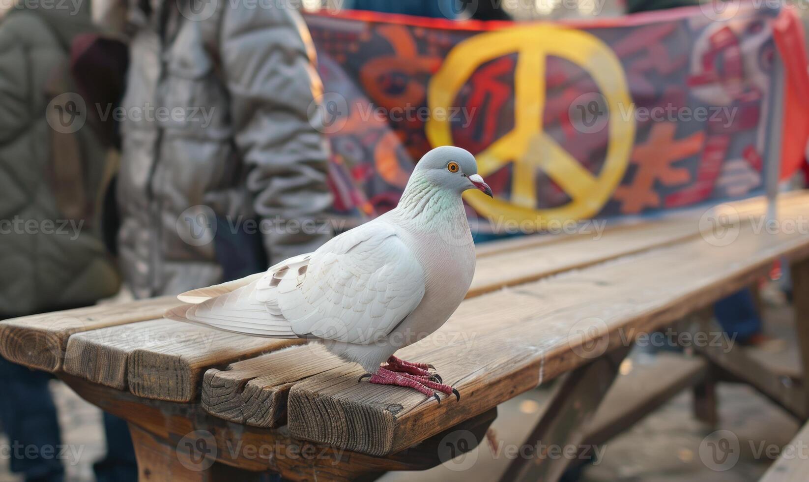 White pigeon perched on a wooden bench with a peace banner hanging in the background at a peaceful protest rally photo