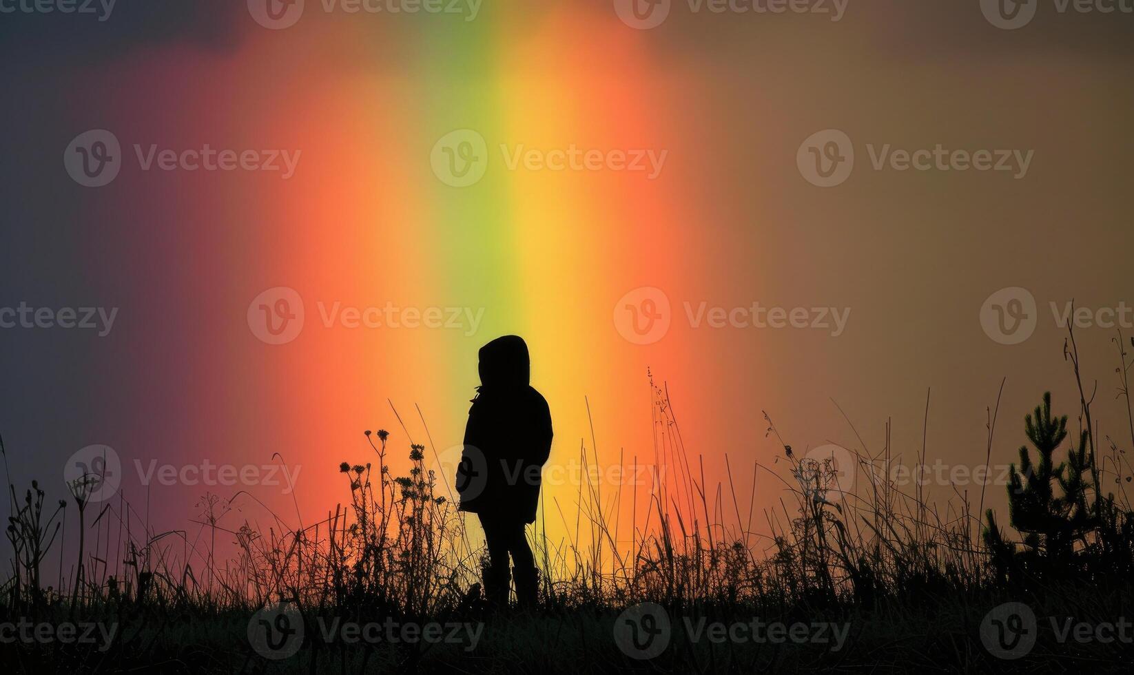 vistoso arco iris después primavera lluvia, arco iris en oscuro nublado cielo foto