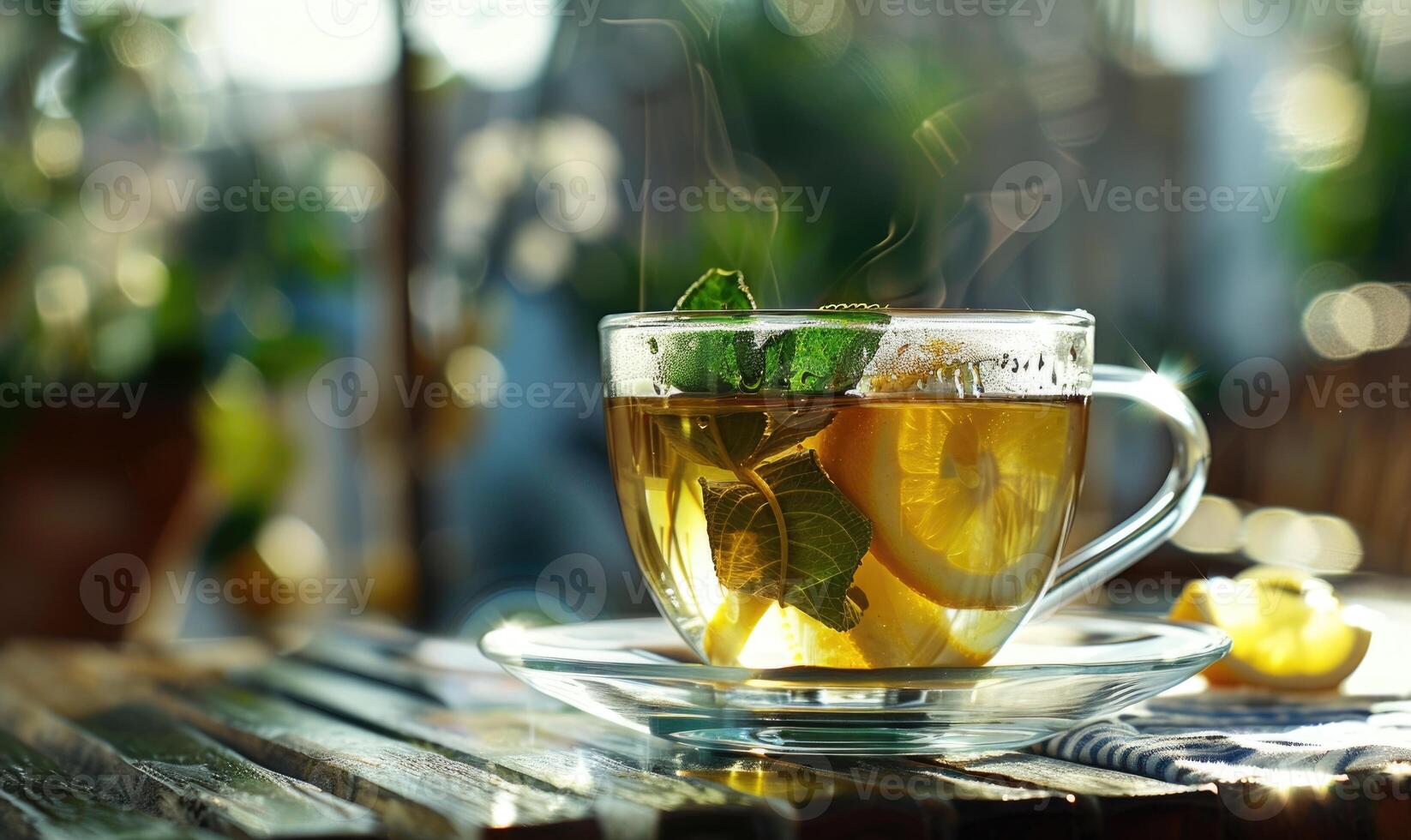 Herbal tea and lemon in a clear glass cup photo