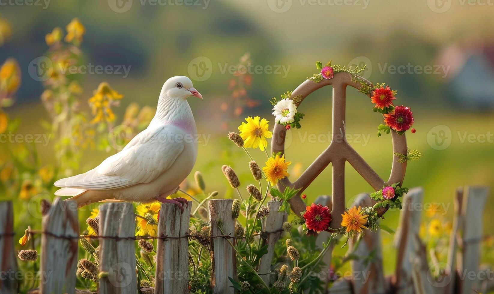 White pigeon perched on a rustic wooden fence with a peace sign made of flowers in the background of a lush green meadow photo