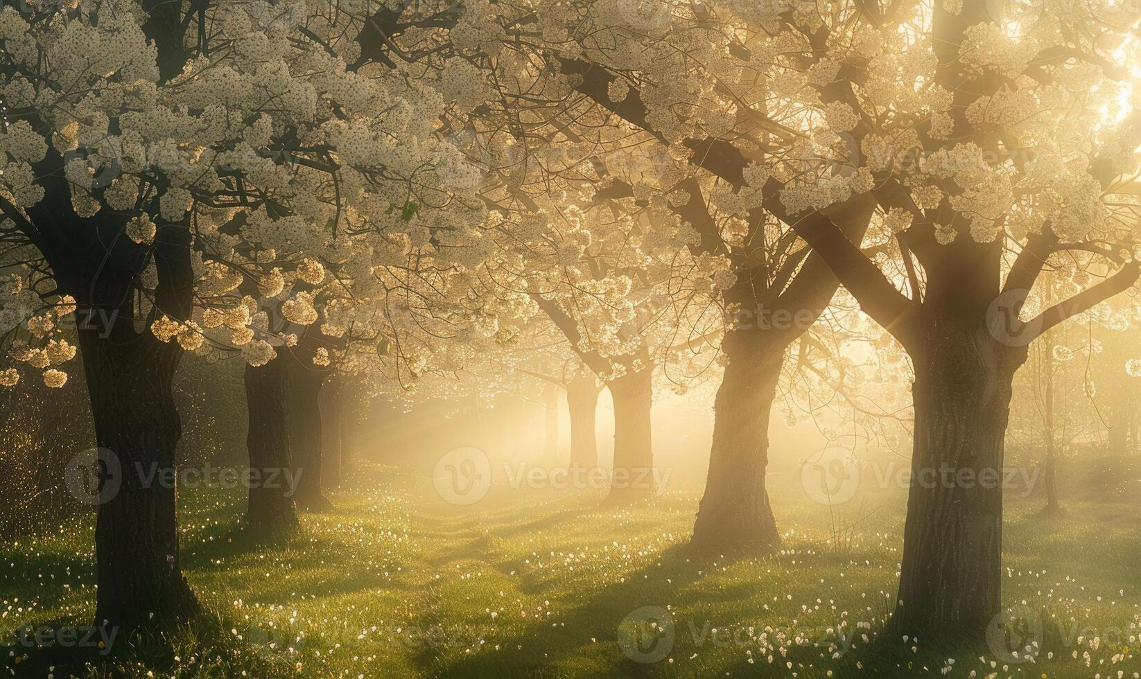 Sunlight filtering through a canopy of blossoming cherry trees in a peaceful garden photo