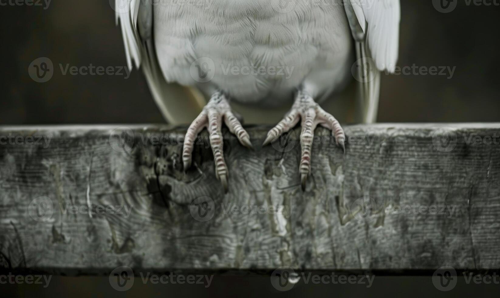 Close-up view of a white pigeon's delicate feet resting on a wooden fence photo