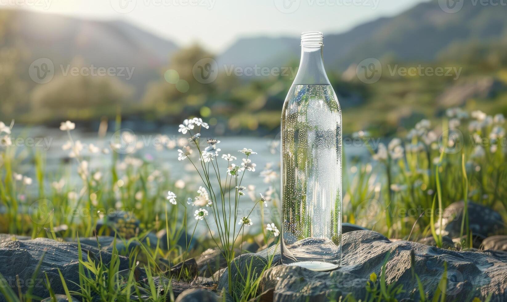 Crystal clear glass bottle mockup showcasing a premium quality mineral water sourced from natural springs photo