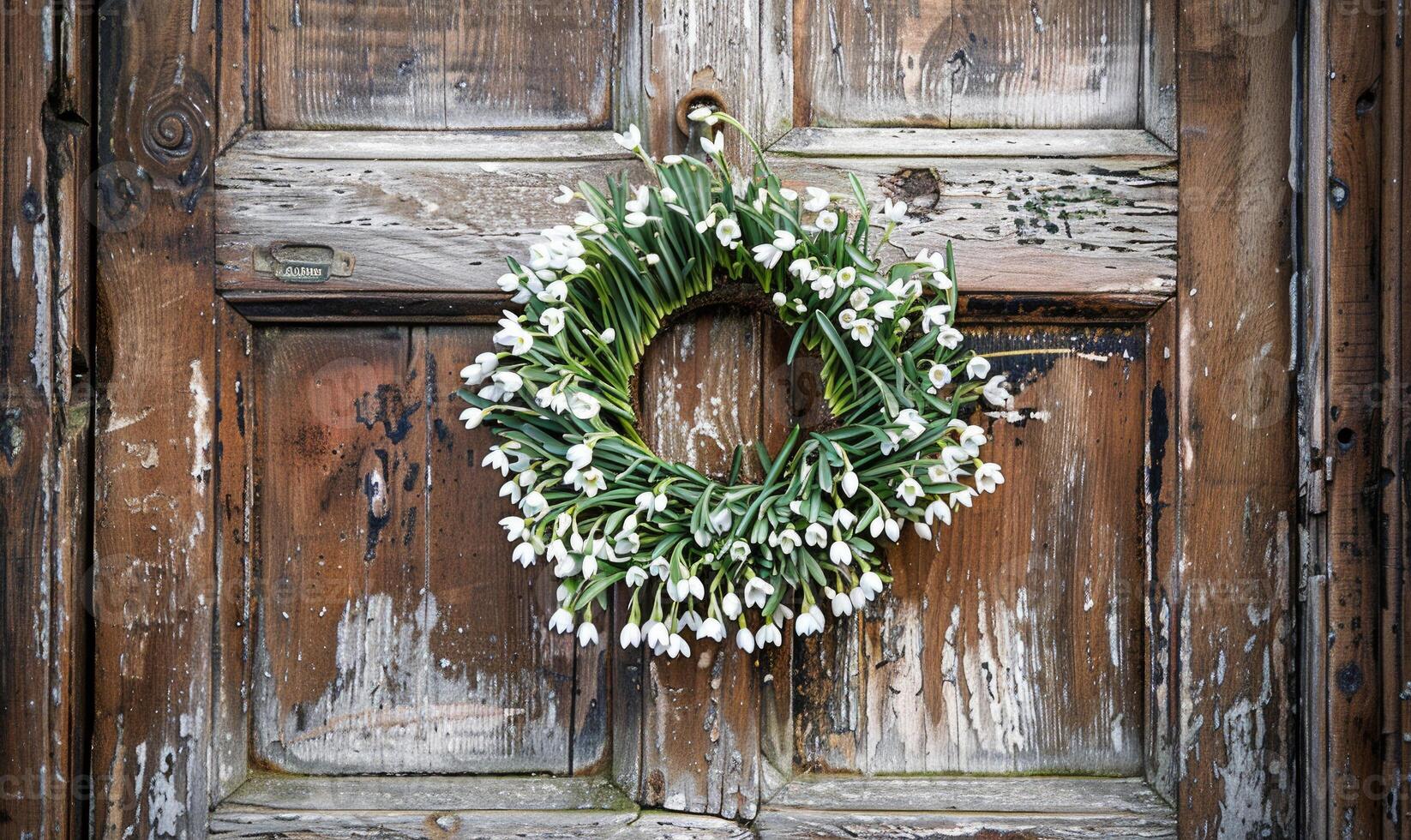 Snowdrops wreath on a wooden door photo