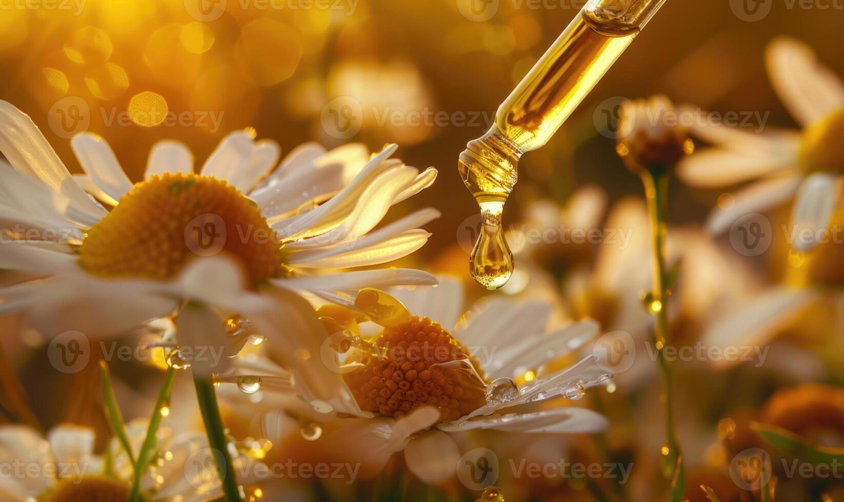 Dropper dispensing chamomile essential oil, organic cosmetic concept photo