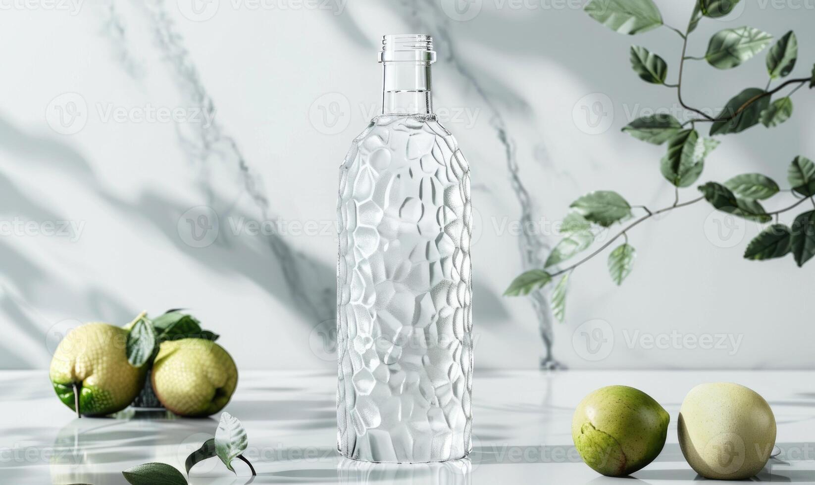 Crystal clear glass bottle mockup showcasing a premium quality mineral water sourced from natural springs photo